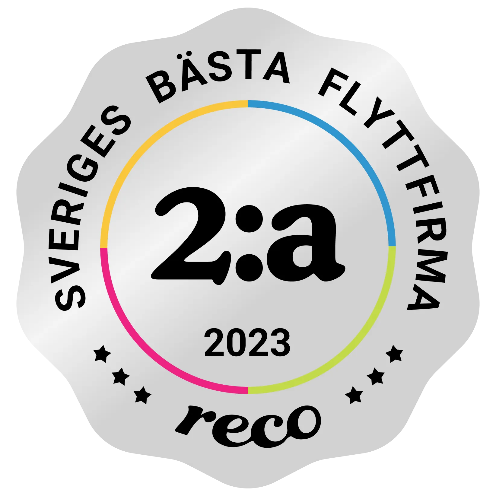 En vit cirkel med svart text och svarta bokstäver.