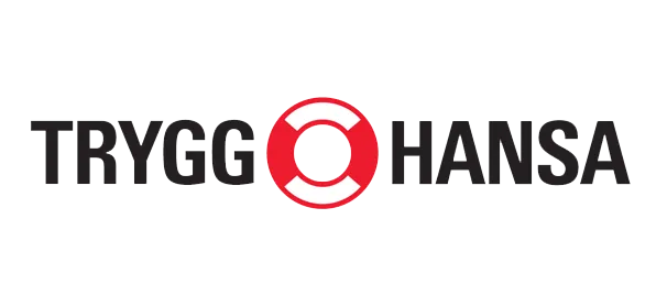 TRYGG HANSA-logotyp med en röd och vit livboj som ersätter O:et i HANSA.